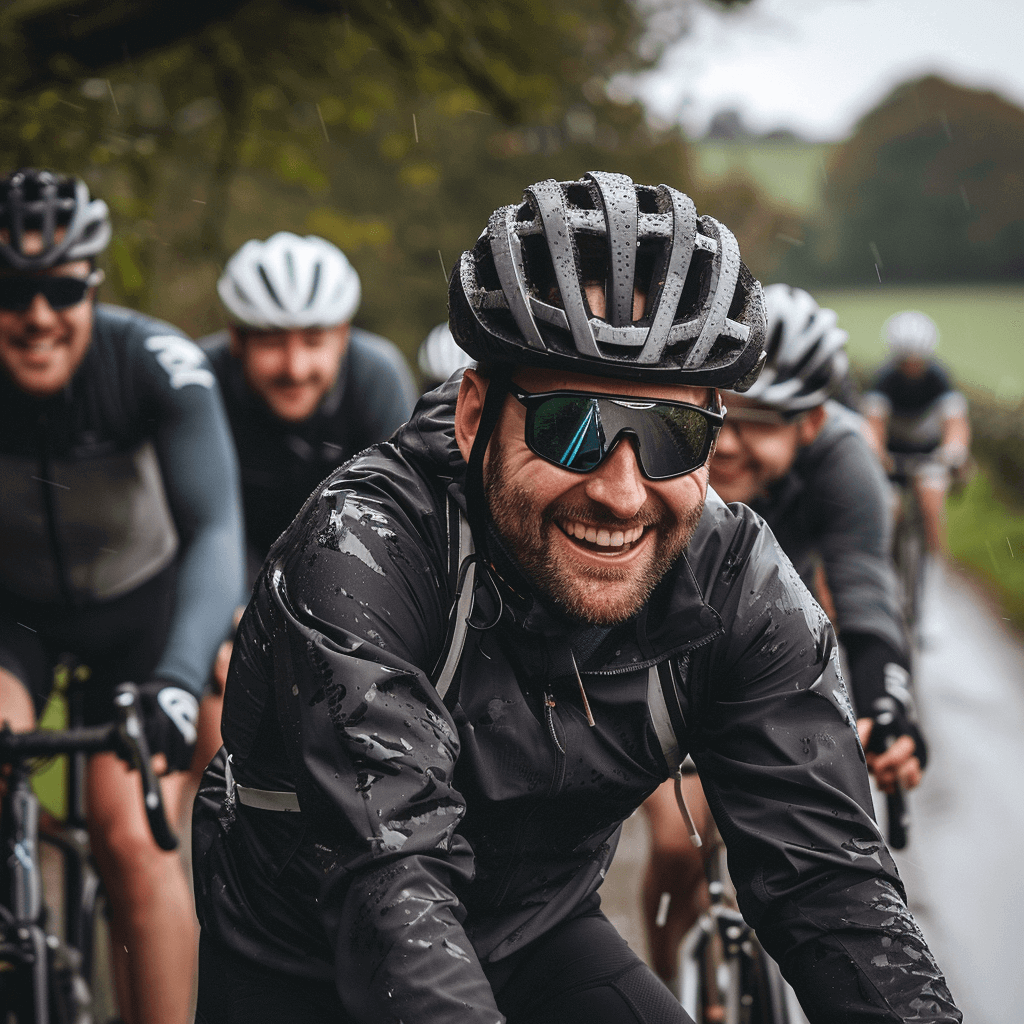 A group of happy men cycling through the countryside